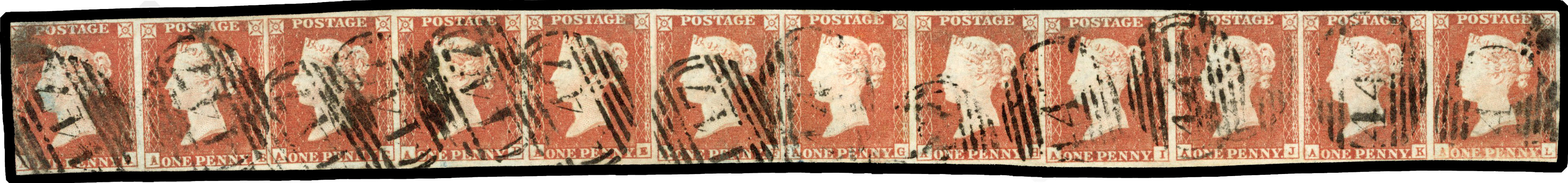 1841 1d Red-Brown Pl.90. Used complete horizontal row of twelv