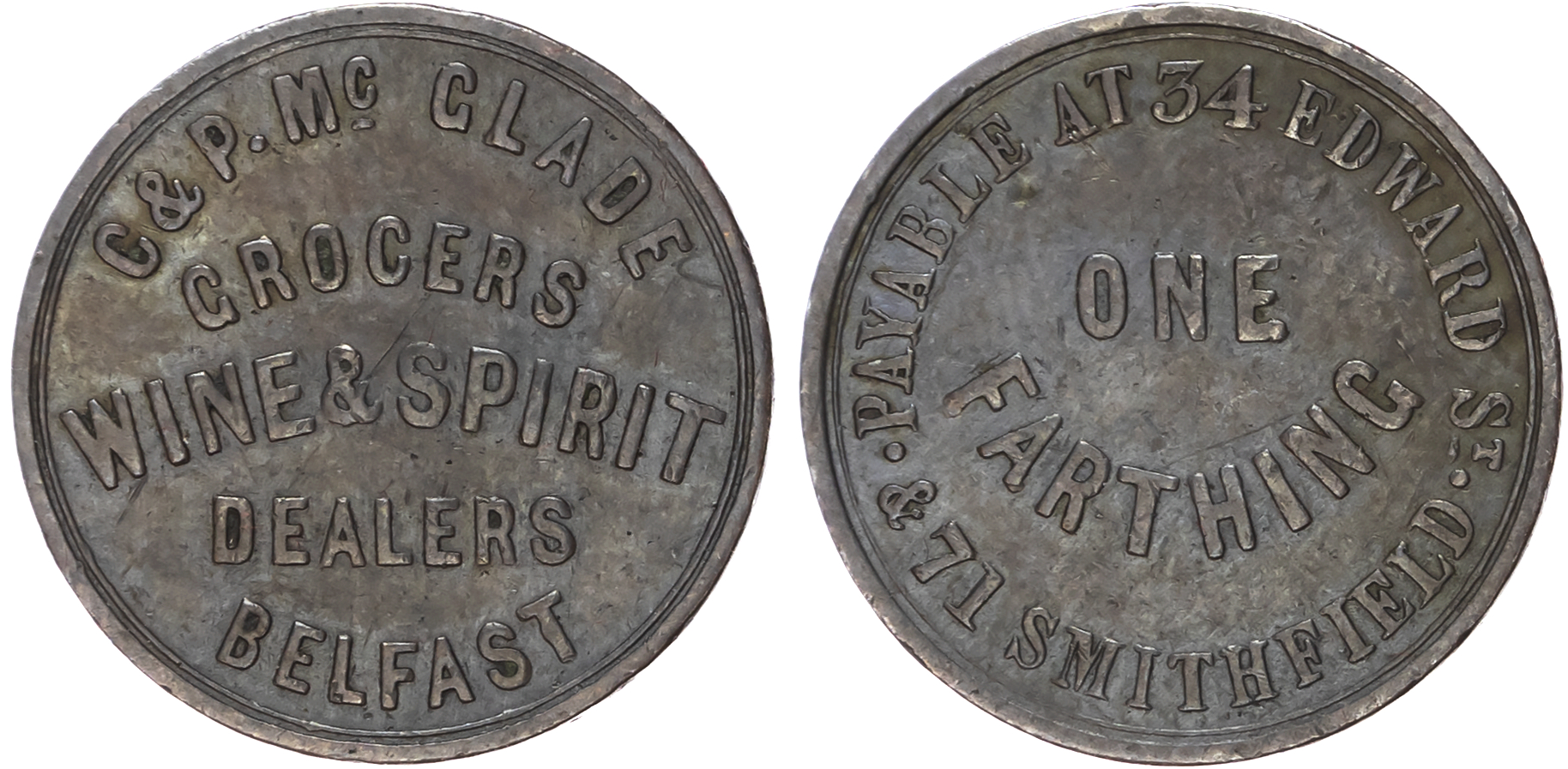Belfast, Charles & P McGlade. (wine & spirits dealer) farthing (1863) two-line legend/three-line legend, 22mm.…