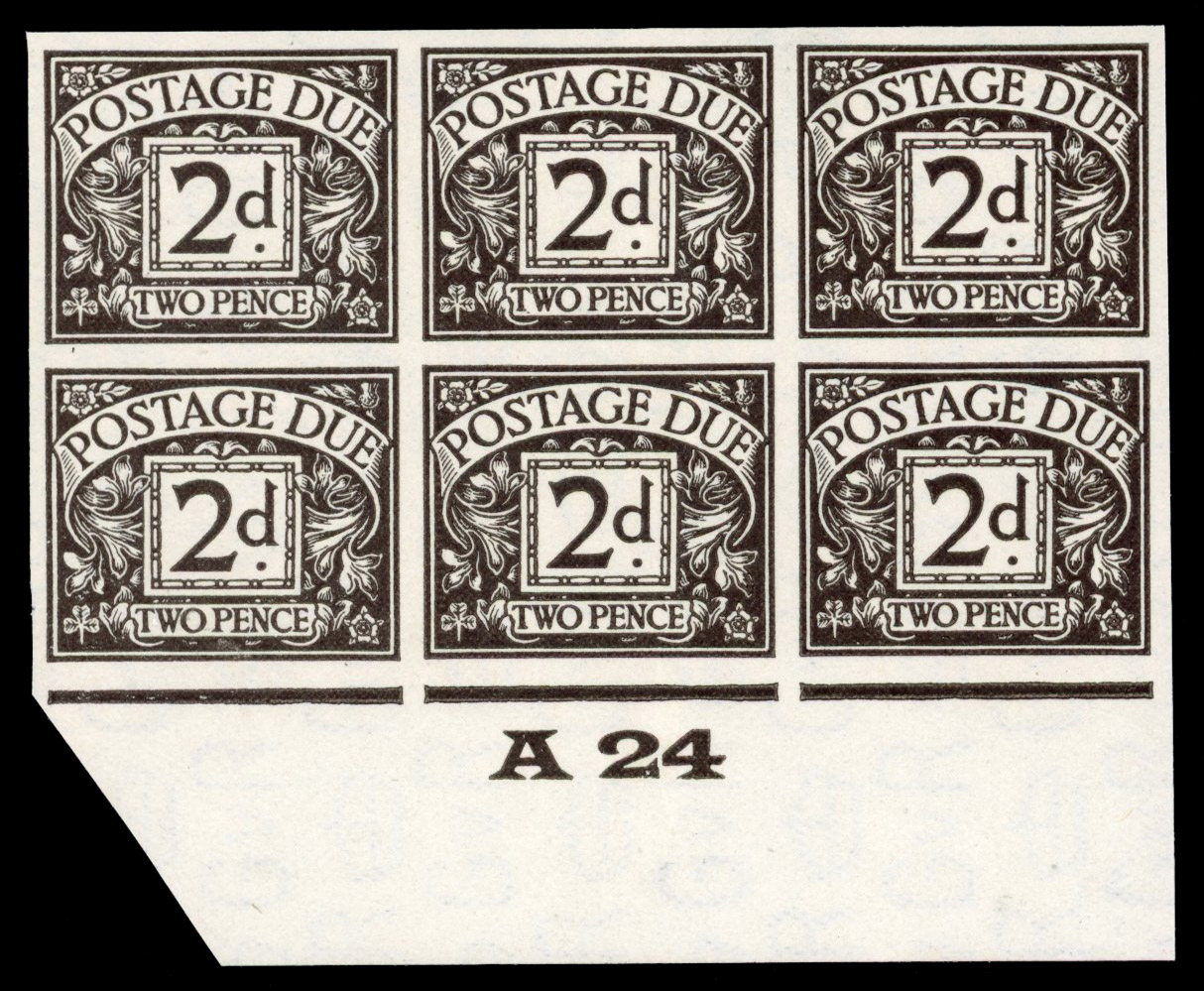 GB Postage Due. 1924-31 2d Agate control block of 6 imprimaturs. SG D13var