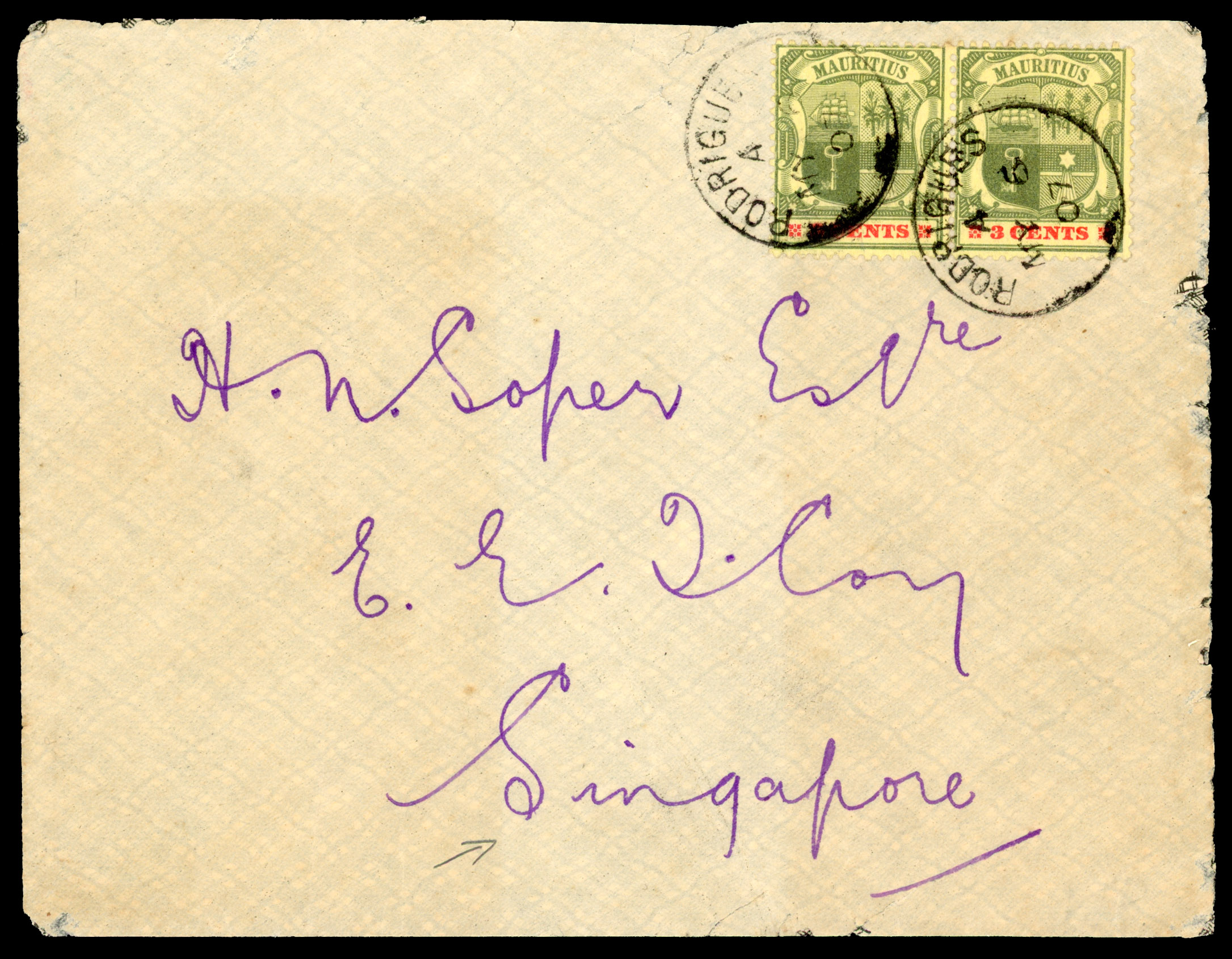 POSTAL HISTORY: cover from Paris to Mauritius (Feb 9) underpaid 10c, franked type sage 25c black on lilac, taxed on