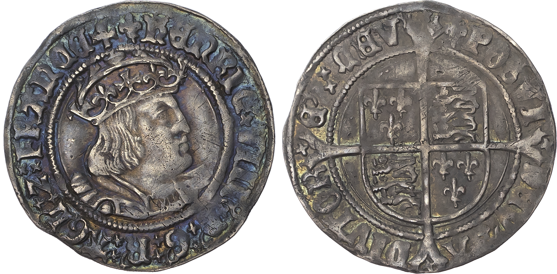 Henry VIII (1509-1547) Groat, second coinage, Laker bust D, mintmark lis (1509-26) both sides. Crowned bust right. Rev, …