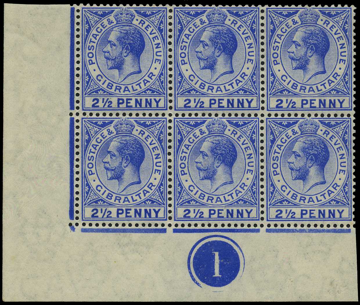 1912-24 2½d deep bright blue Plate 1 block of...