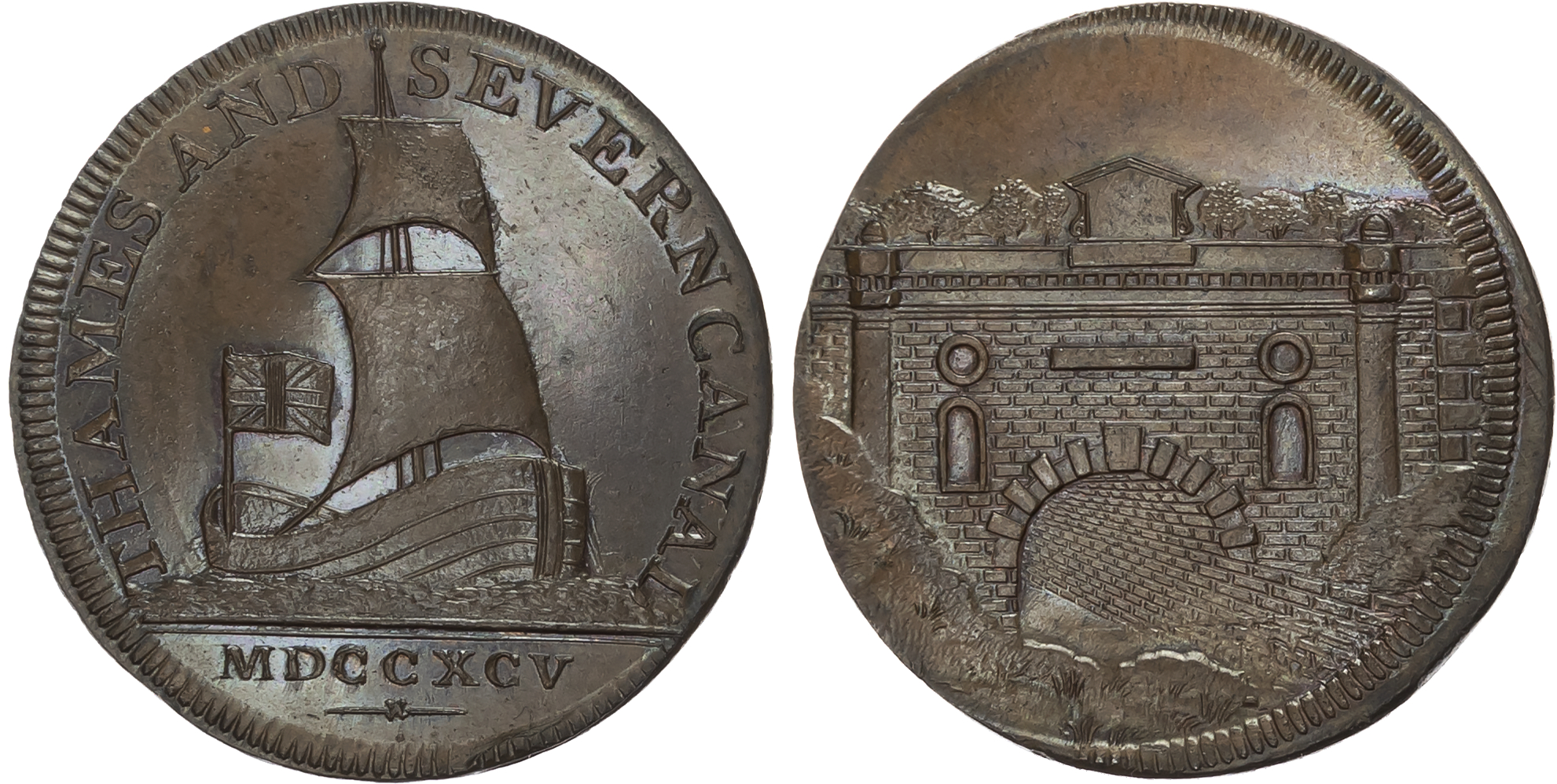 Glos. Brimscombe Port, Thames and Severn Canal Co. Halfpenny 1795, Sailing-barge with flaw on top sail, rev . View of S …