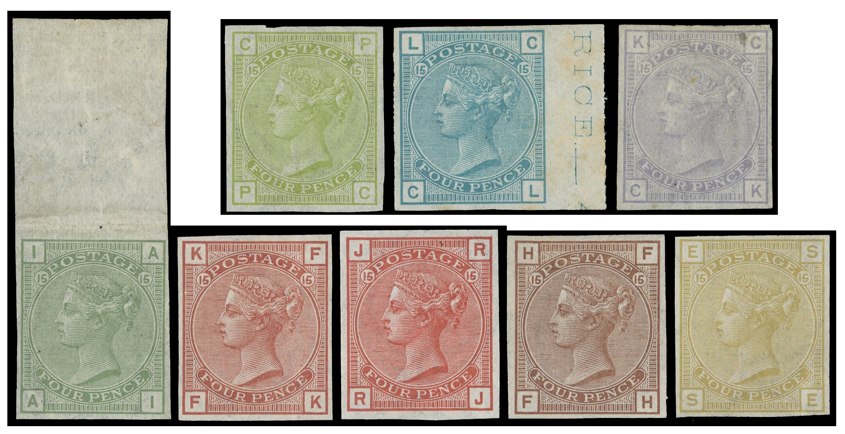 1876 4d Colour trials Pl.15. Group of eight 