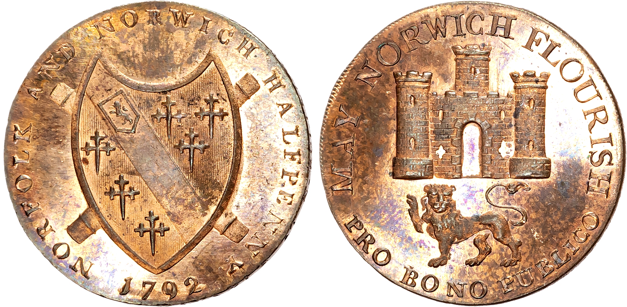 Norf . Norwich , Nathaniel Bolingbroke (haberdasher & silversmith) Halfpenny 1792, Arms of Norwich rev. Arms of Duke of  …