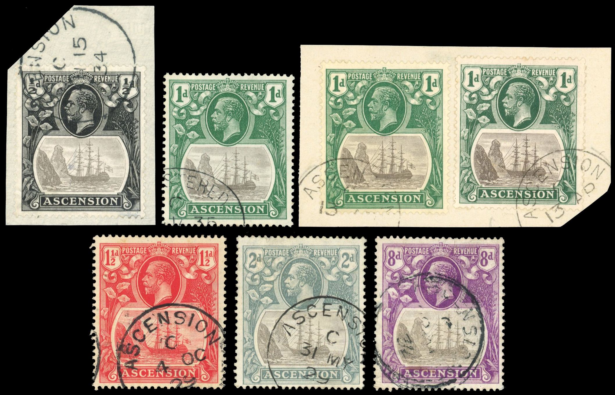 Ascension 1924-33 issue used variety group, SG 10c/17c