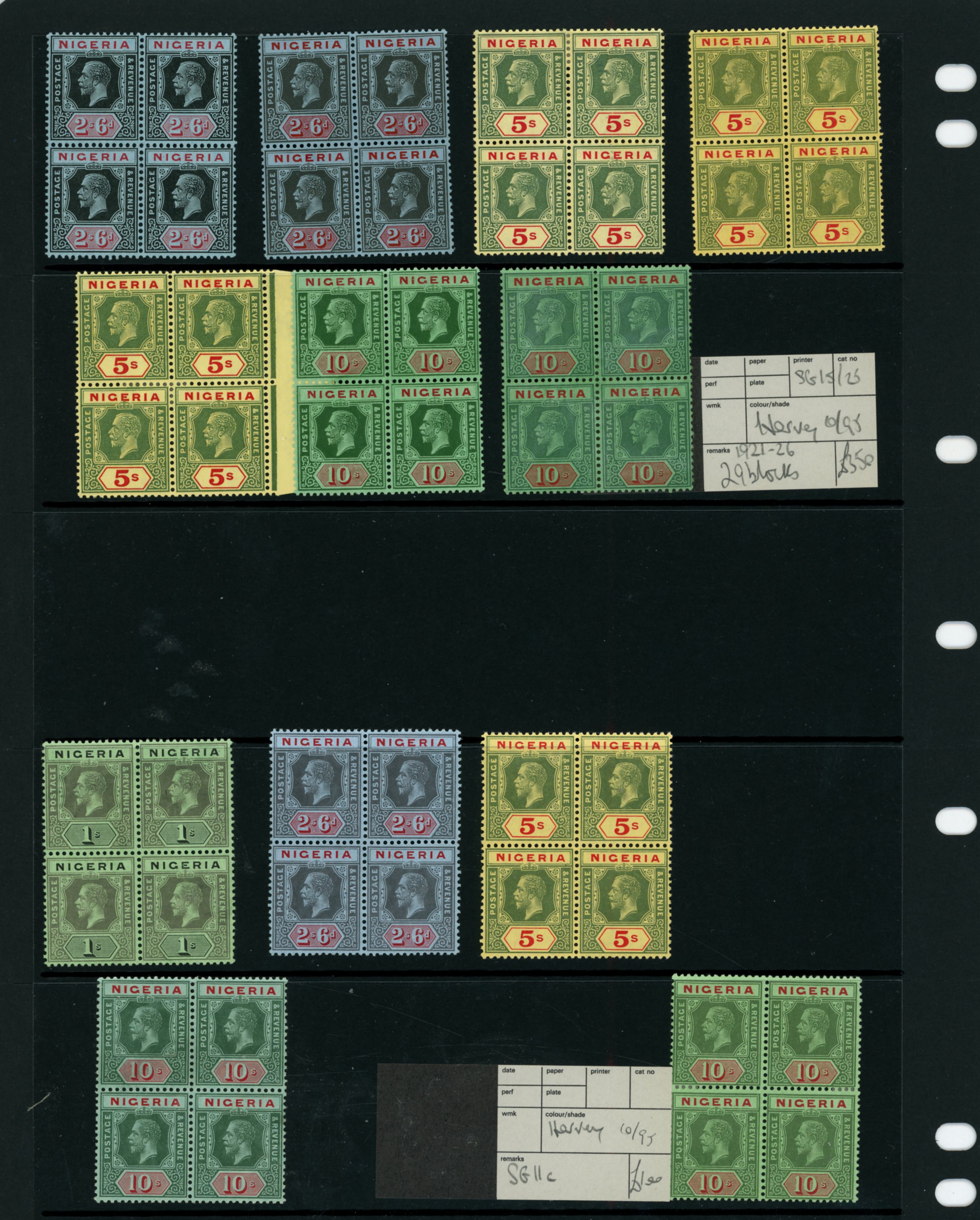Nigeria 1914-32 duplicated mint selection of sixty-seven blocks of four from ½d to 10s arranged on Hagner...