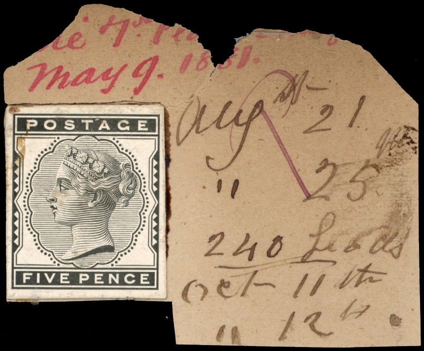 GB 1880-81 5d stamp-sized die proof on DLR striking book piece, For SG 169