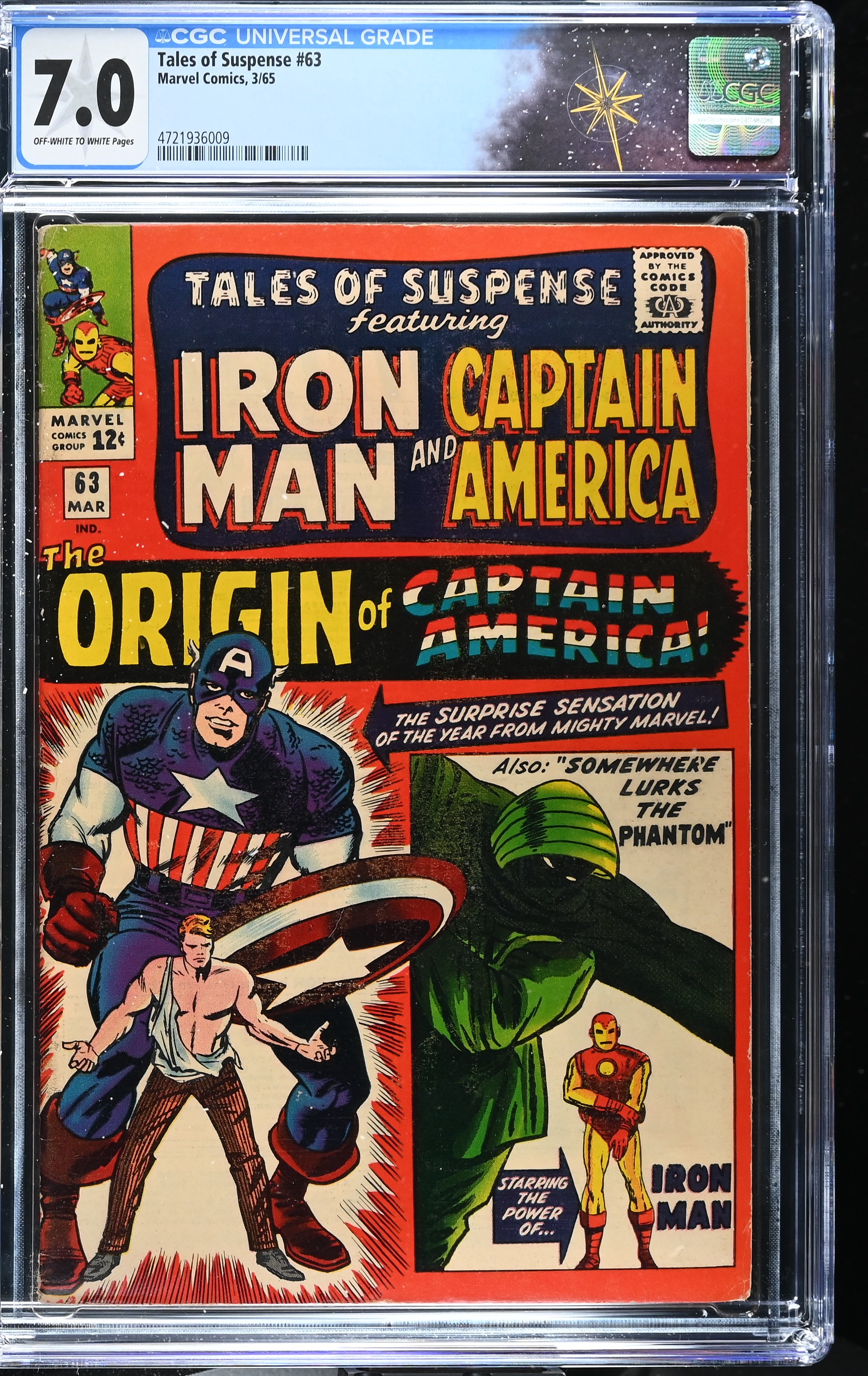 Tales of Suspense #63 CGC 7.0, 1st Silver Age Origin of Captain America (Marvel Comics, 1965) Off-White to White Pages 