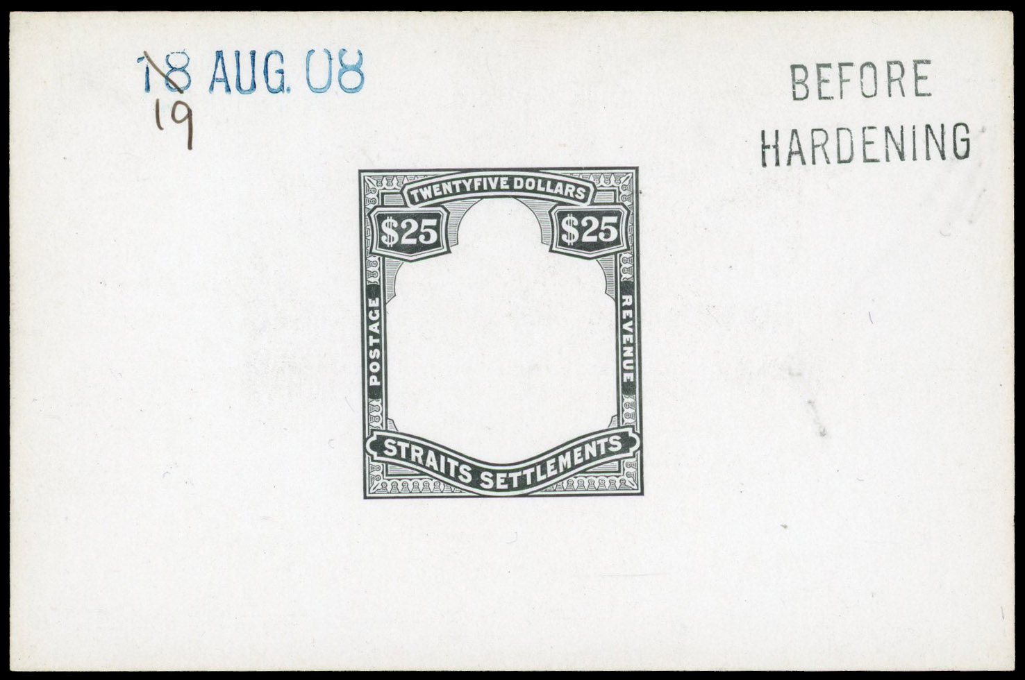 Straits Settlements 1908 KEVII $25 die proof of frame