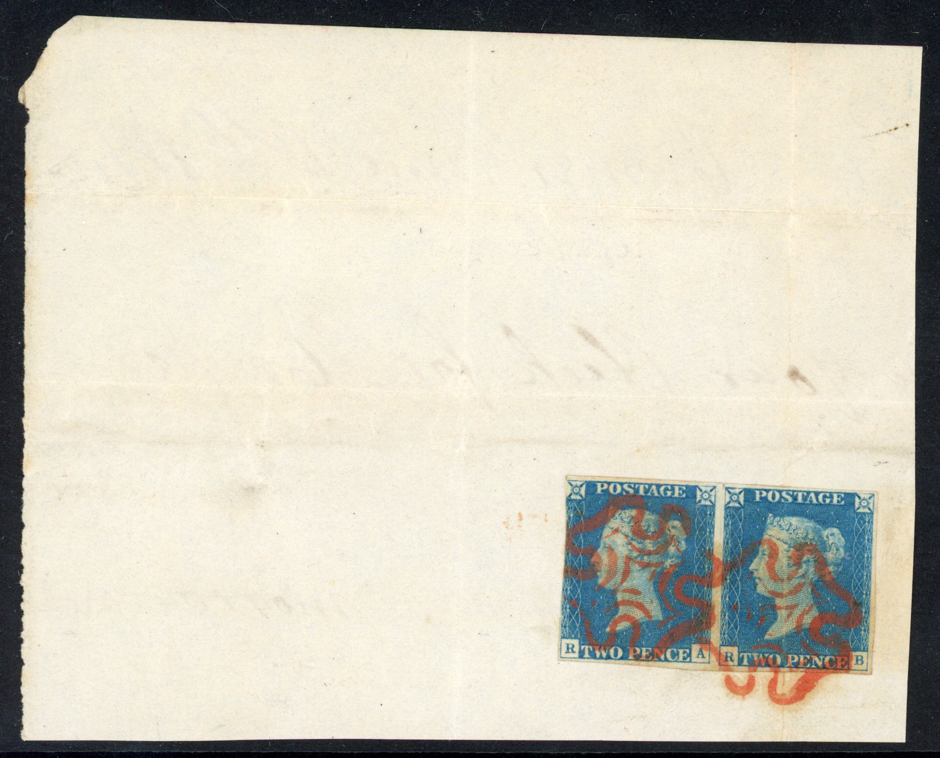 1840 2d blue, six stamps on entire or piece