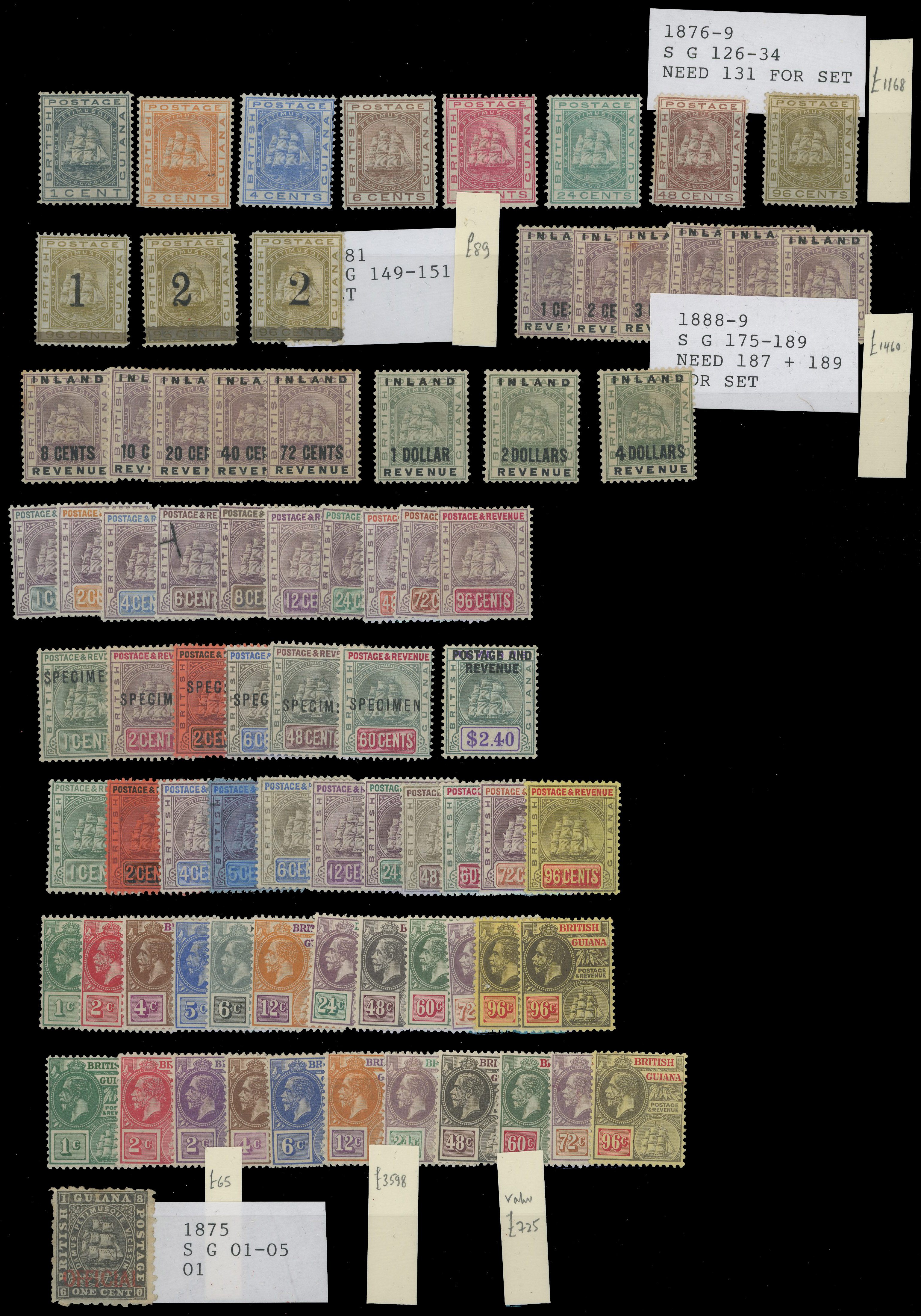 BR. GUIANA: 1876 to 1927 mint on stockcard 1876 to 8c, 24c, 48c and 96c, 1881 to 2 on 96c, 1888-89 to $4, 1889 to 96c,