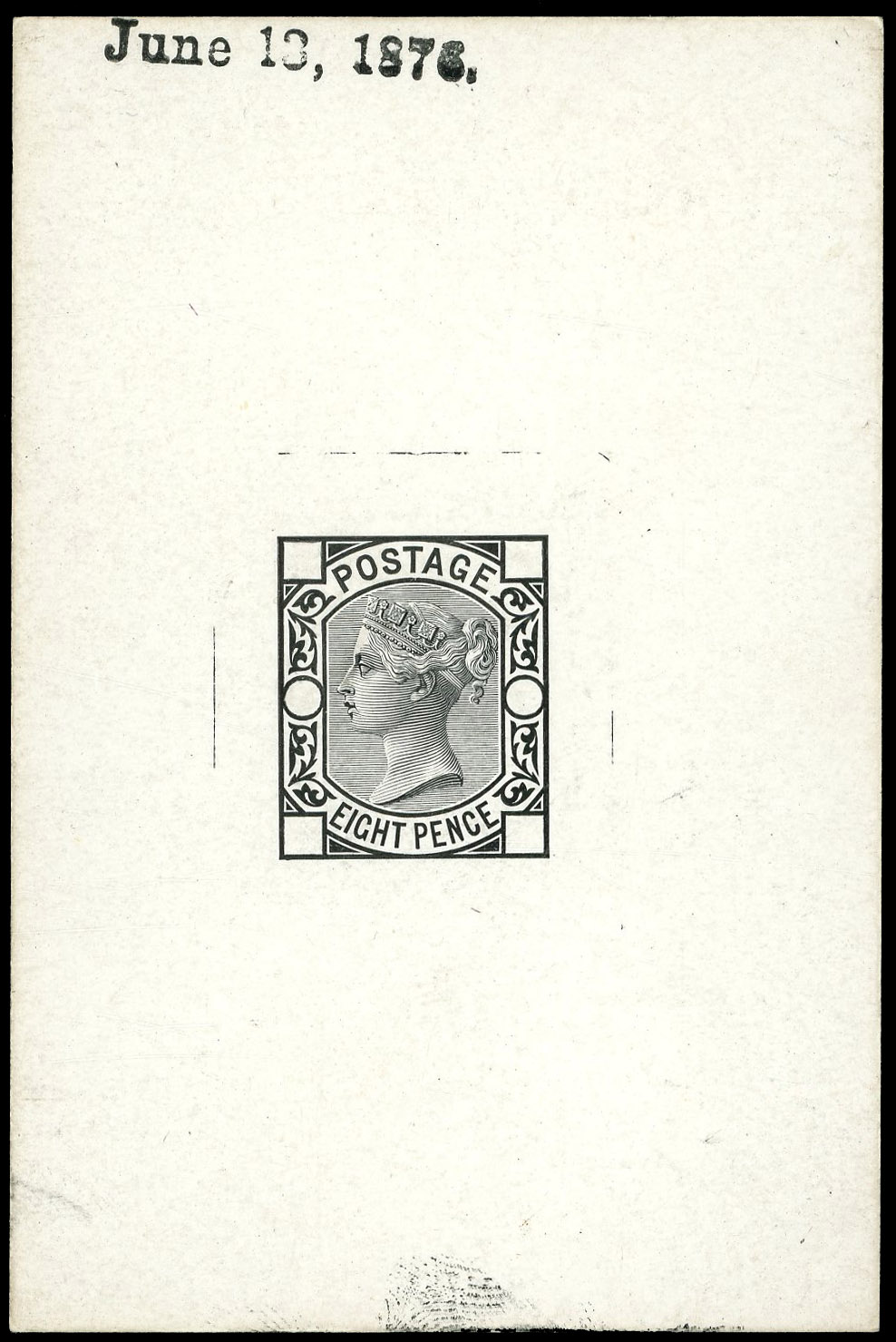 1876 8d Die proof. Very fine example printed in black on white glazed card (61x92mm) with cleared corner squares and pla…
