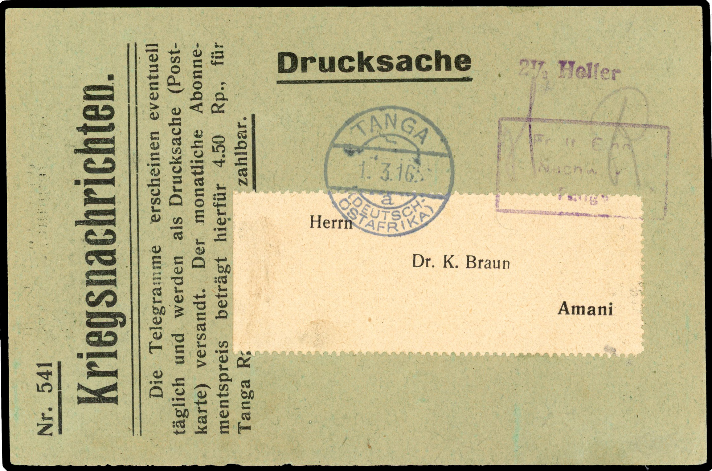 1916 printed postcard to Amani. 2½h printed matter/postcard rate handstamp. Card cancelled ‘TANGA/1 3/16’