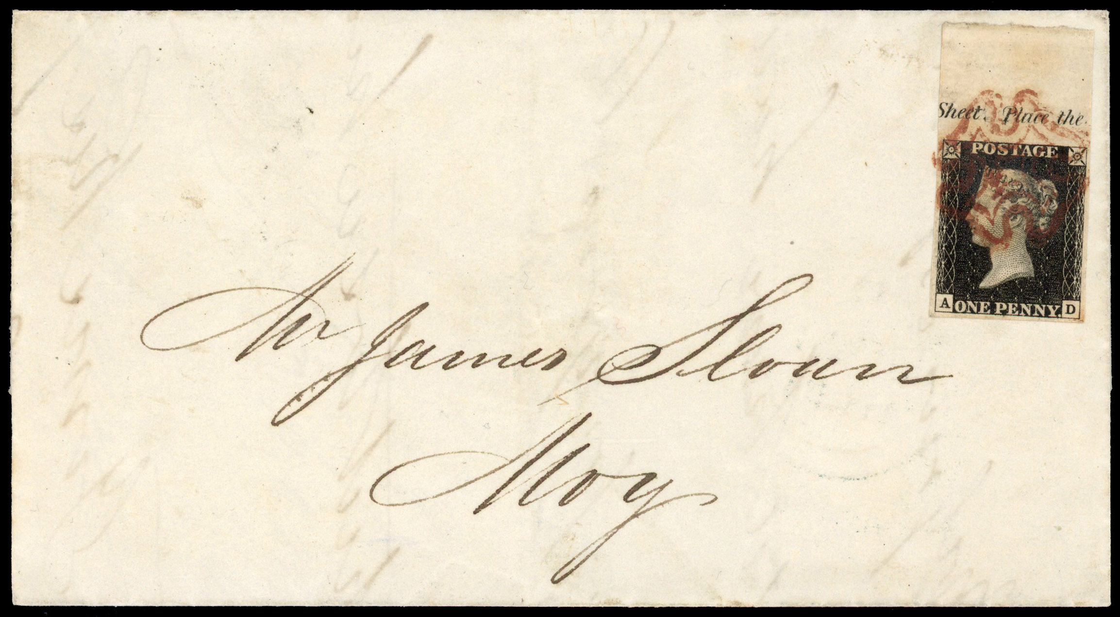 GB 1d black Plate 4 marginal example used on cover