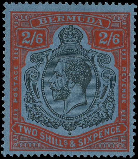 Bermuda 1924-32 2s6d black and bright orange-vermilion on deep blue, large part...