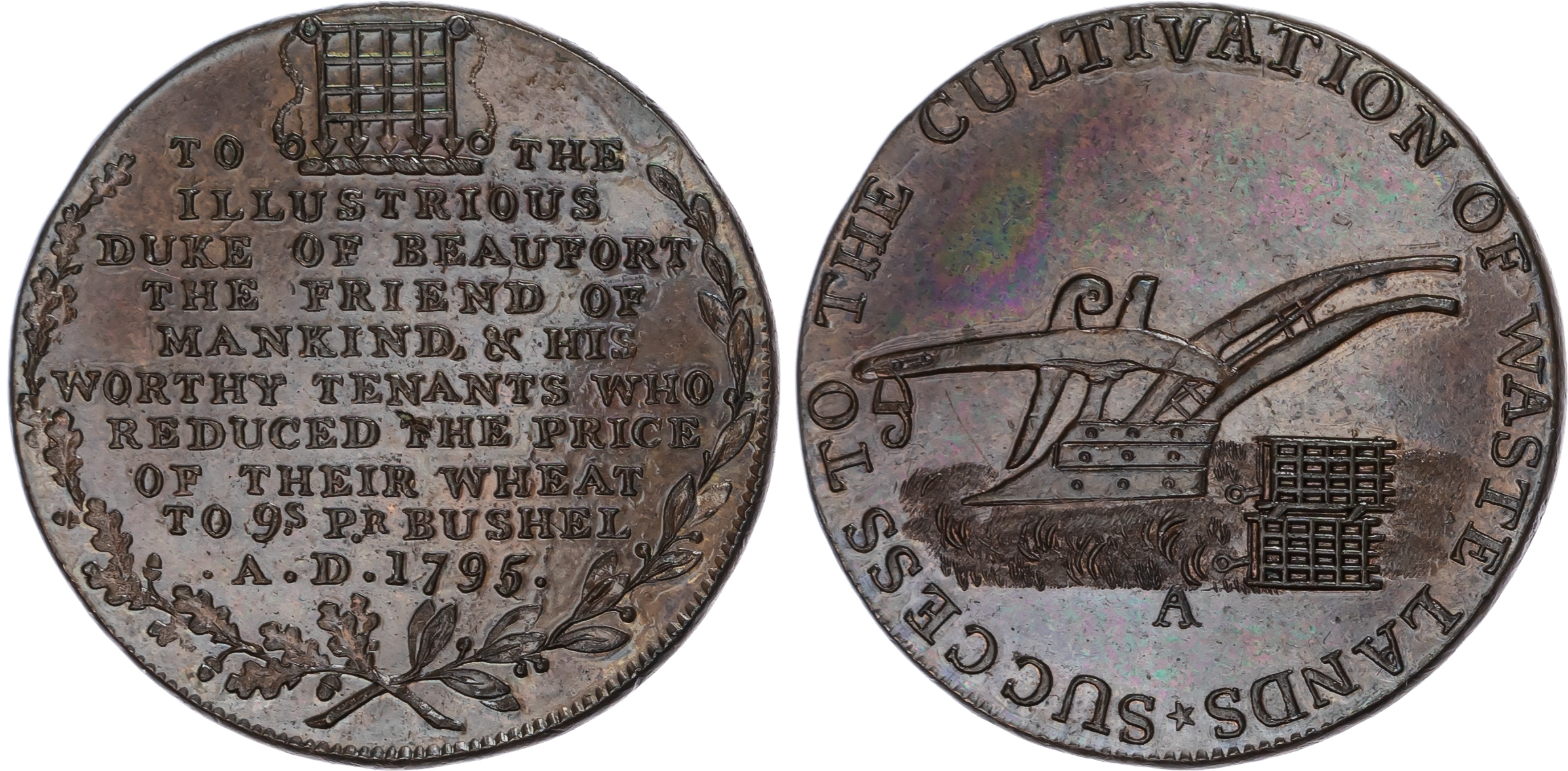 Glos. Badminton, David Arnot and John Jelly (Kempson mule) Halfpenny 1795, Plough and harrow, rev. 10line lege…