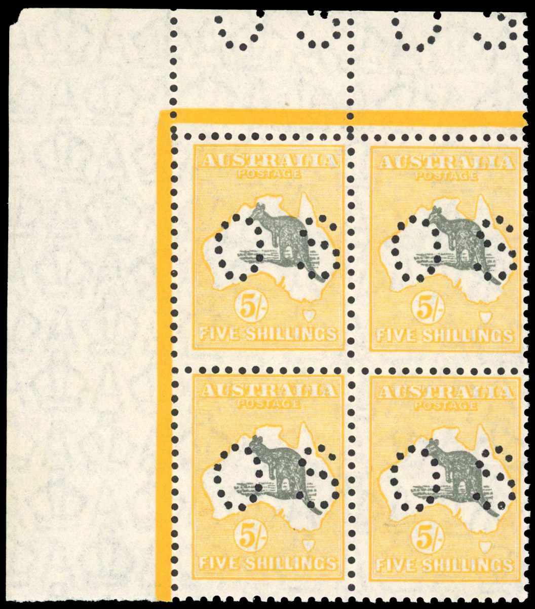 Australia Official. 1929-30 5s grey and yellow-orange Perf OS Unmounted block of four S.G. O118, BW 45ba,