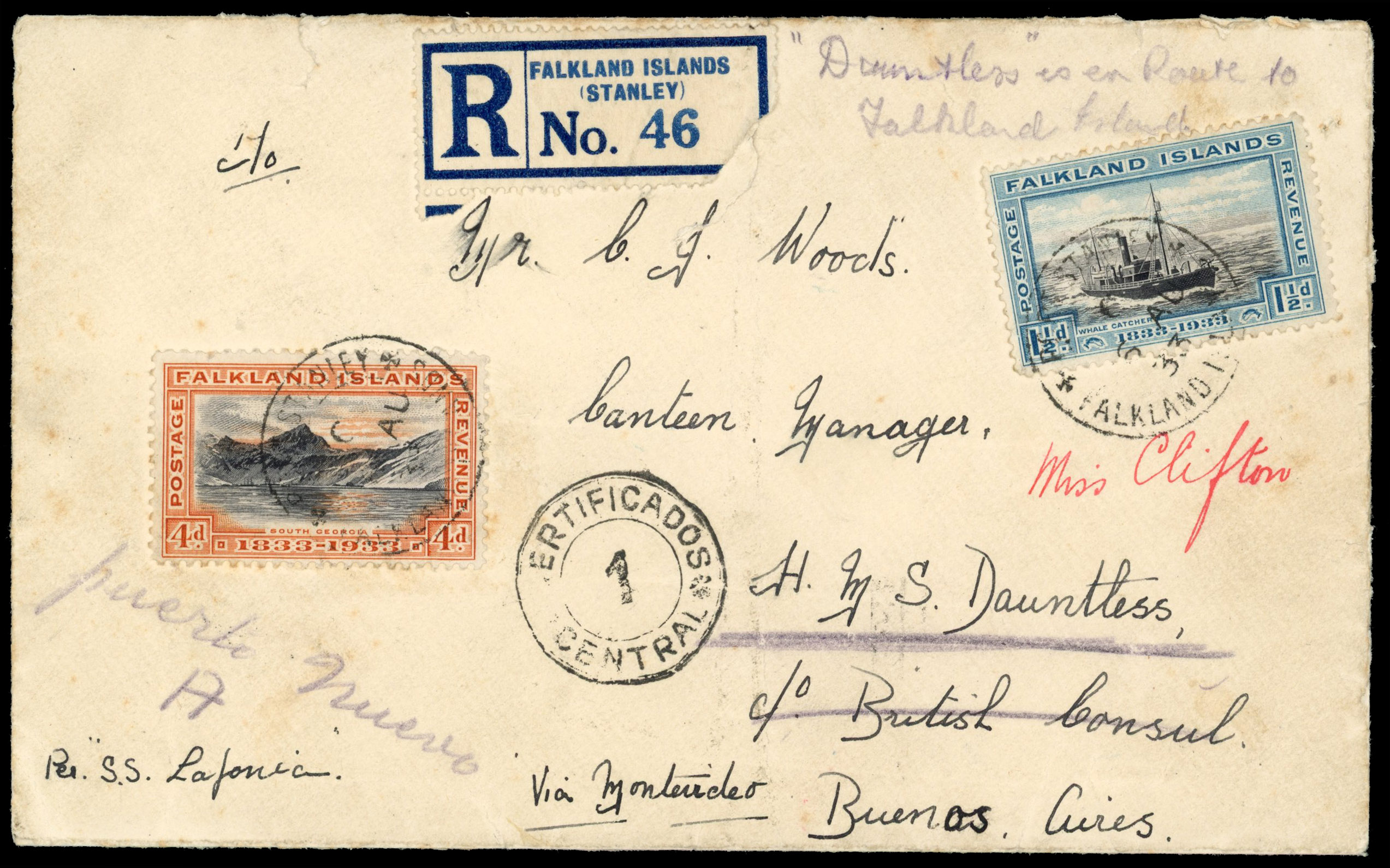 Falkland Is SG 129, 132 1933 registered cover to Buenos Aires with 1½d and 4d Centenary