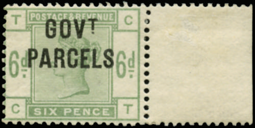 Great Britain 1886 6d Dull green (Govt. Parcels). Very fine unused o.g. right hand marginal example of this diffic…