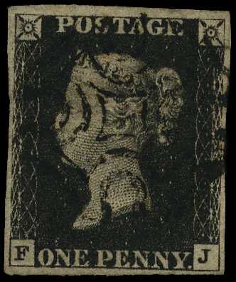 1840 1d black, Plate 6, (FJ), four clear...