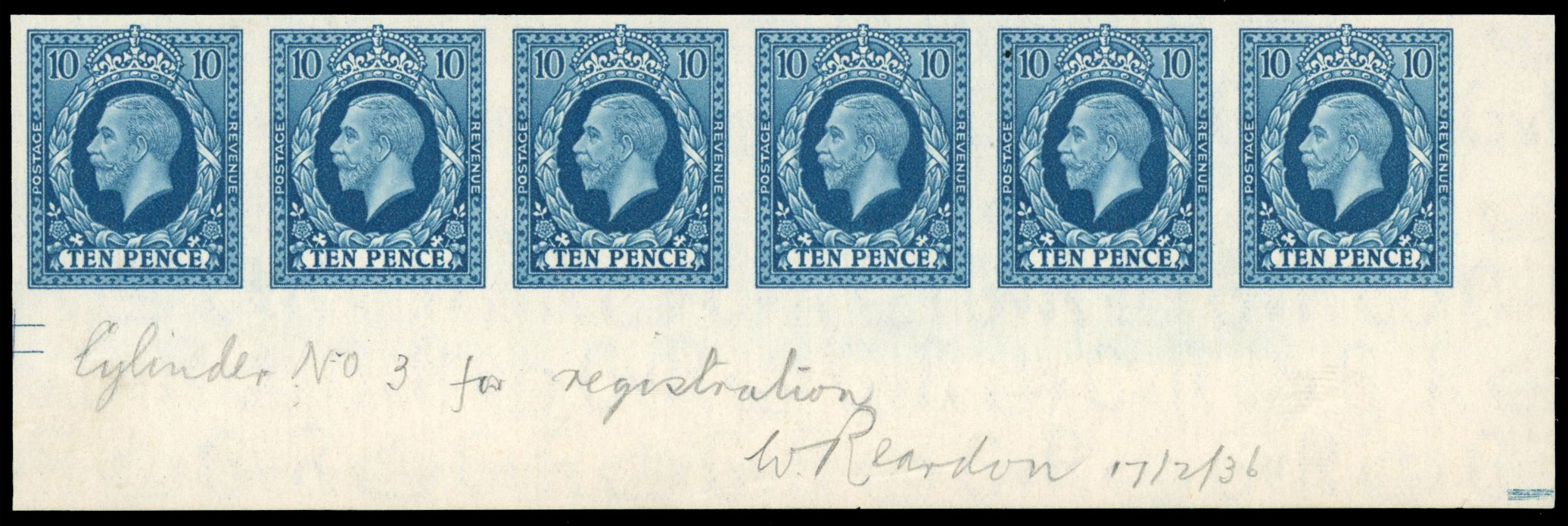 Great Britain 1936 10d Turquoise-blue, Strip of Six, BPMA Imprimatur, SG 448