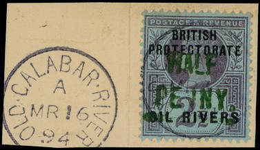 1893 ½d on 2½d handstamped Type 4 in green, fine used on piece, Old Calabar MR 16 94 CDS with another strike alongside. ...