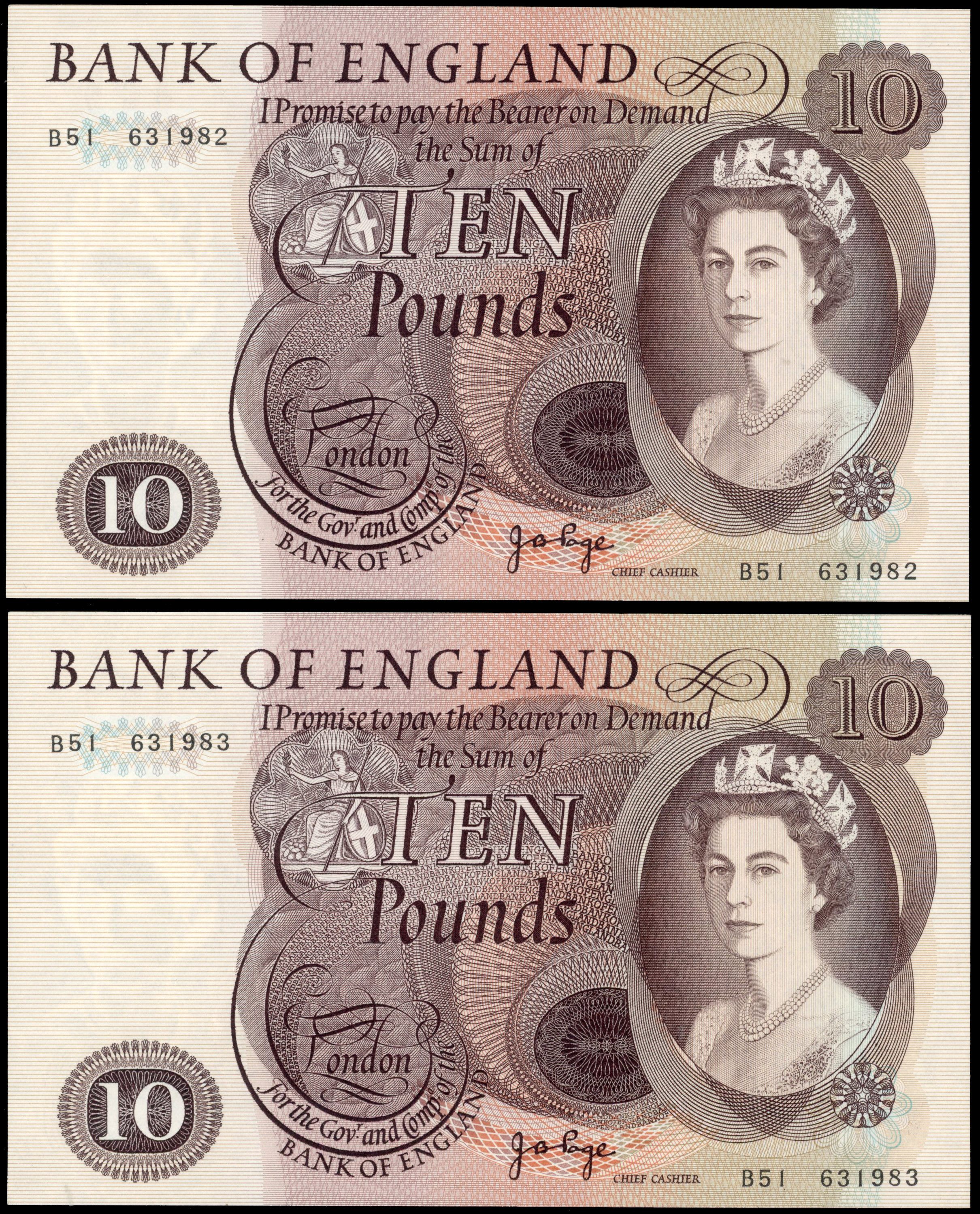 Bank of England, J B Page, Ten Pounds, 1971, B51 631982 and 631983 (consecutive), (Dugg. B326), Both good Extr…
