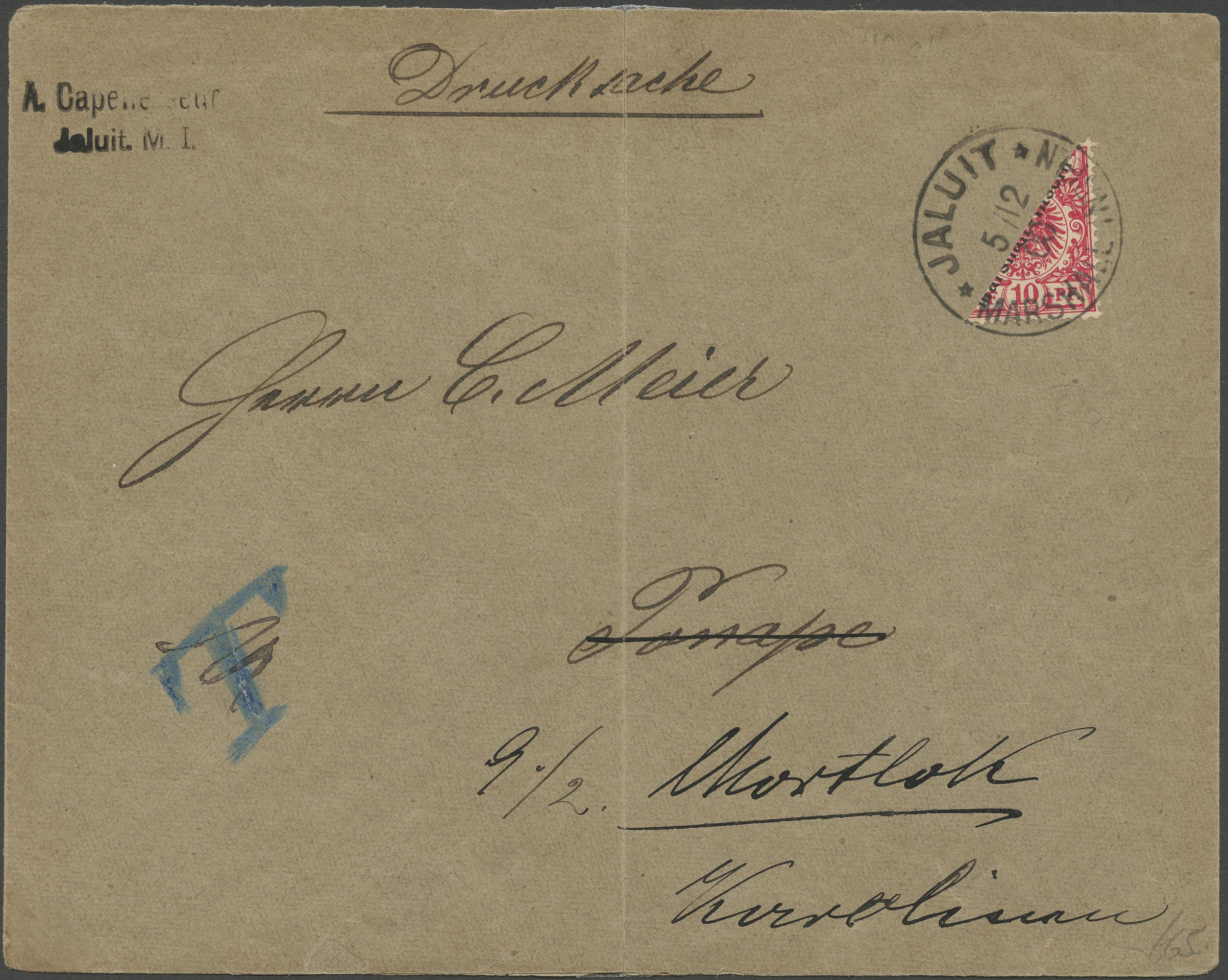 1899-1900 stamps of Germany overprinted 'MARSHALL - INSELN' 10pf carmine bisected diagonally and tied to envelope by...