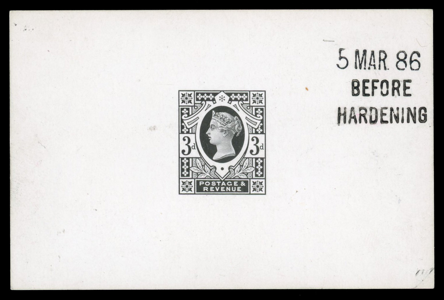 GB 1887-92 3d die proof printed in black on white glazed card SG 202