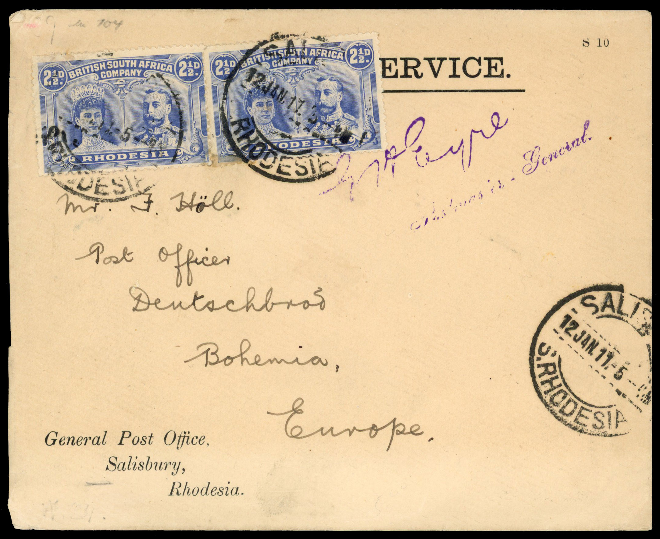 Rhodesia 1911 cover from Salisbury to Bohemia
