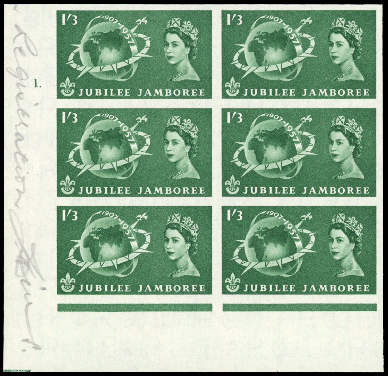 Great Britain 1957 1s3d World scout Jubilee Jamboree, Cylinder Block of Six, BPMA Imprimatur, SG 559