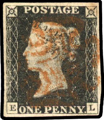 GB: 1840 1d black, Plate 1B, (EL), four margins, red-brown MC SG 2