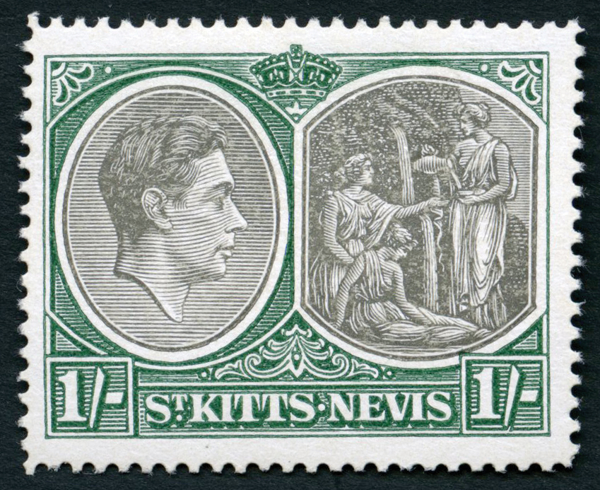 1943 1/- black and green on ordinary paper part o.g., R3/2 break in value tablet frame. SG 75ba, cat...