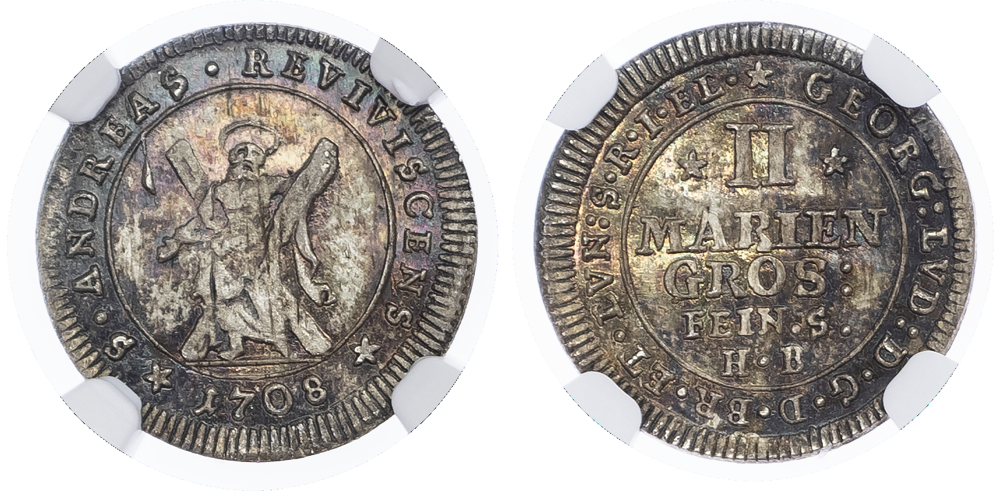 Germany, States. Brunswick-Luneburg-Calenberg-Hannover AR 2 Marien Groschen. 1708 HB.