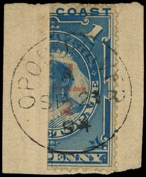 1894 surcharge '½' Type 15 on half of 1d dull blue, used on piece with full Opobo River CDS of SP 21 94.  One shortish perf...