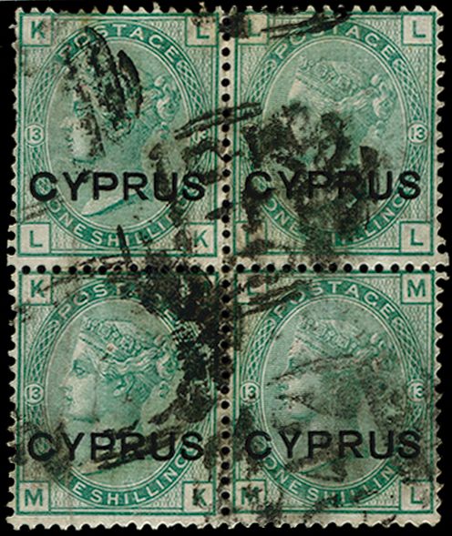 1880 (1 Apr) 1s green, plate 13, block of...