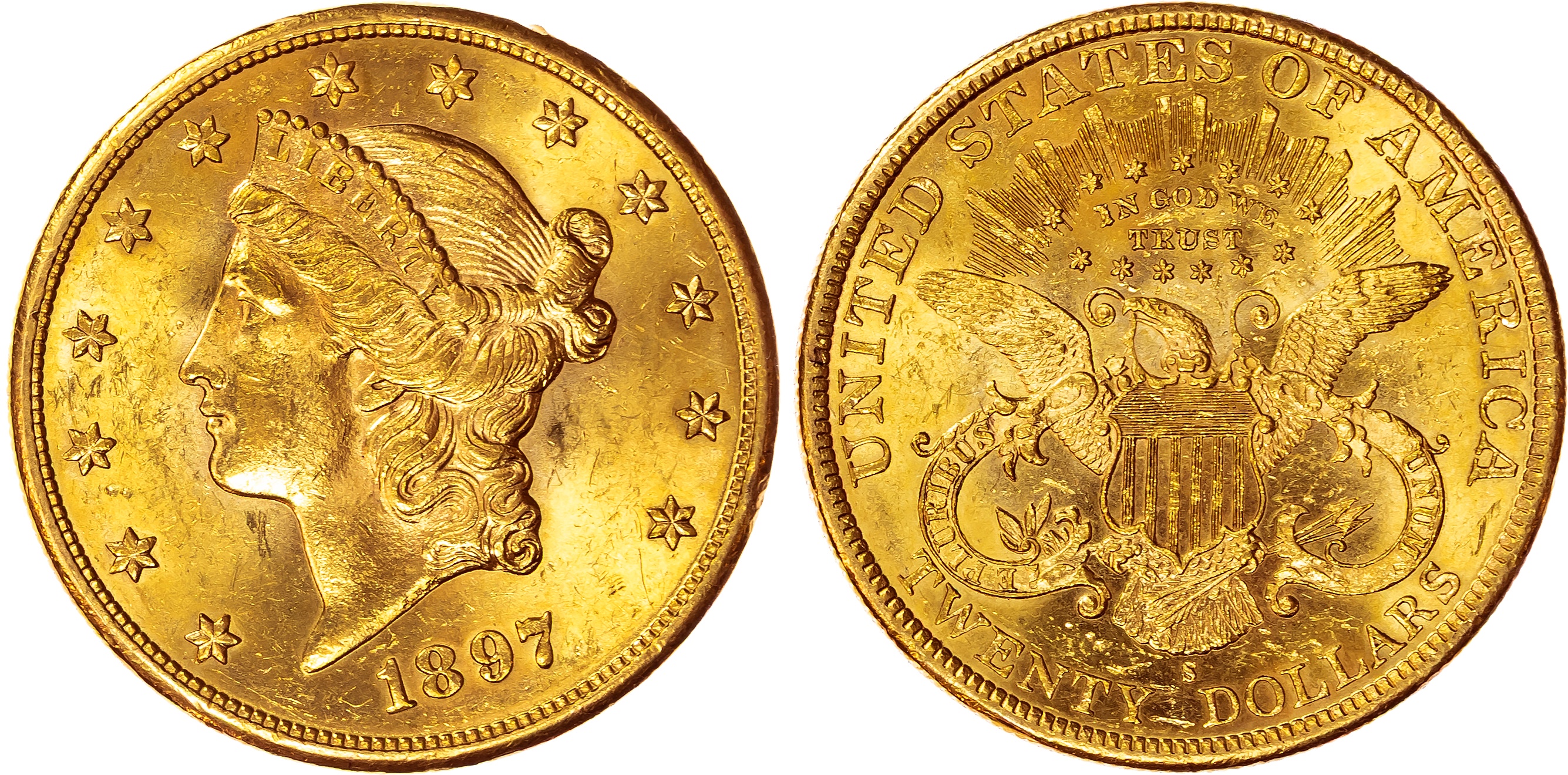USA , Liberty Head Double Eagle, gold 20 Dollars, 1897, San Francisco, 33.48g (Fr. 177). Uncirculated, traces …