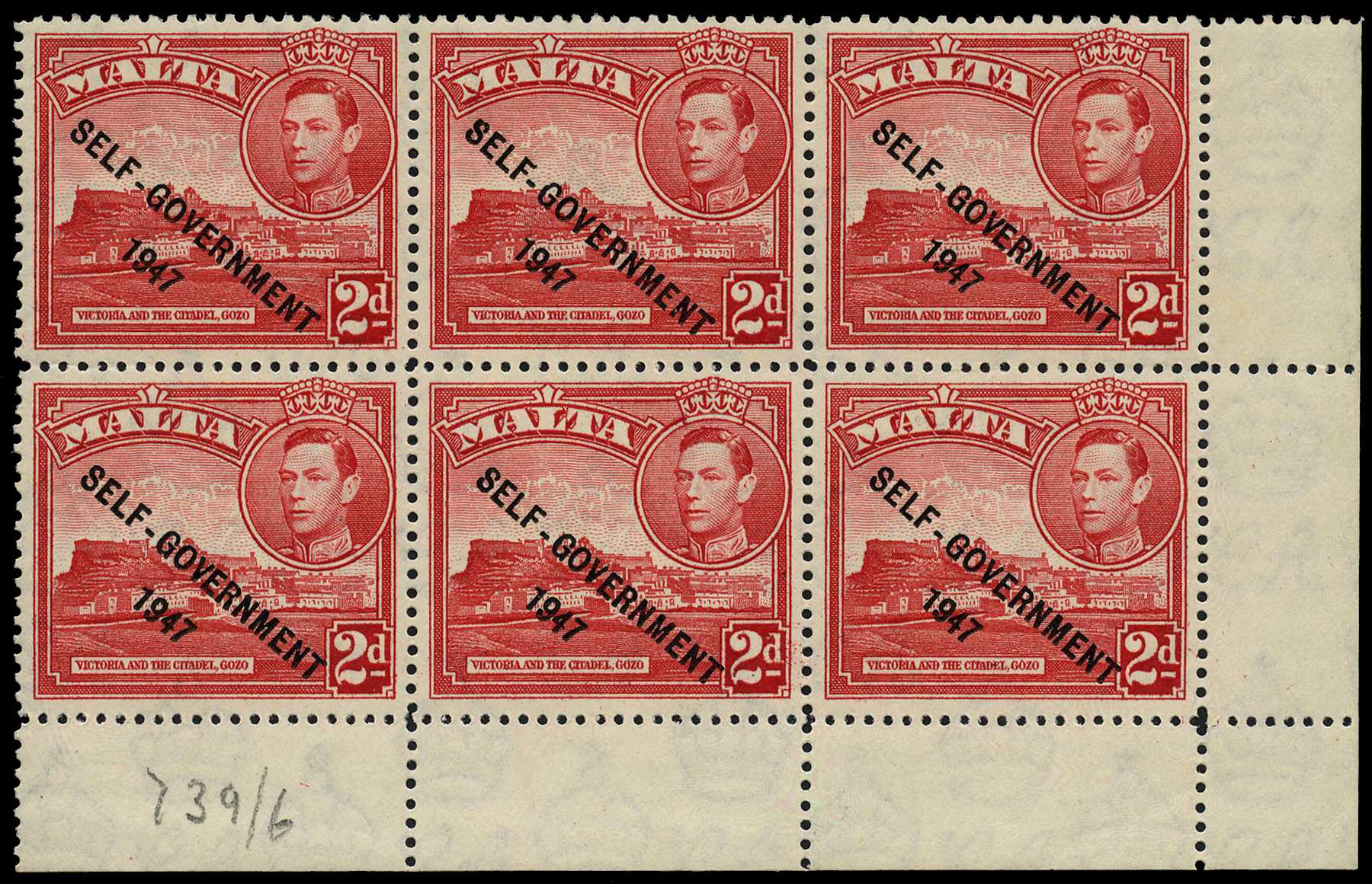 1948 Self-Government 2d scarlet corner block...