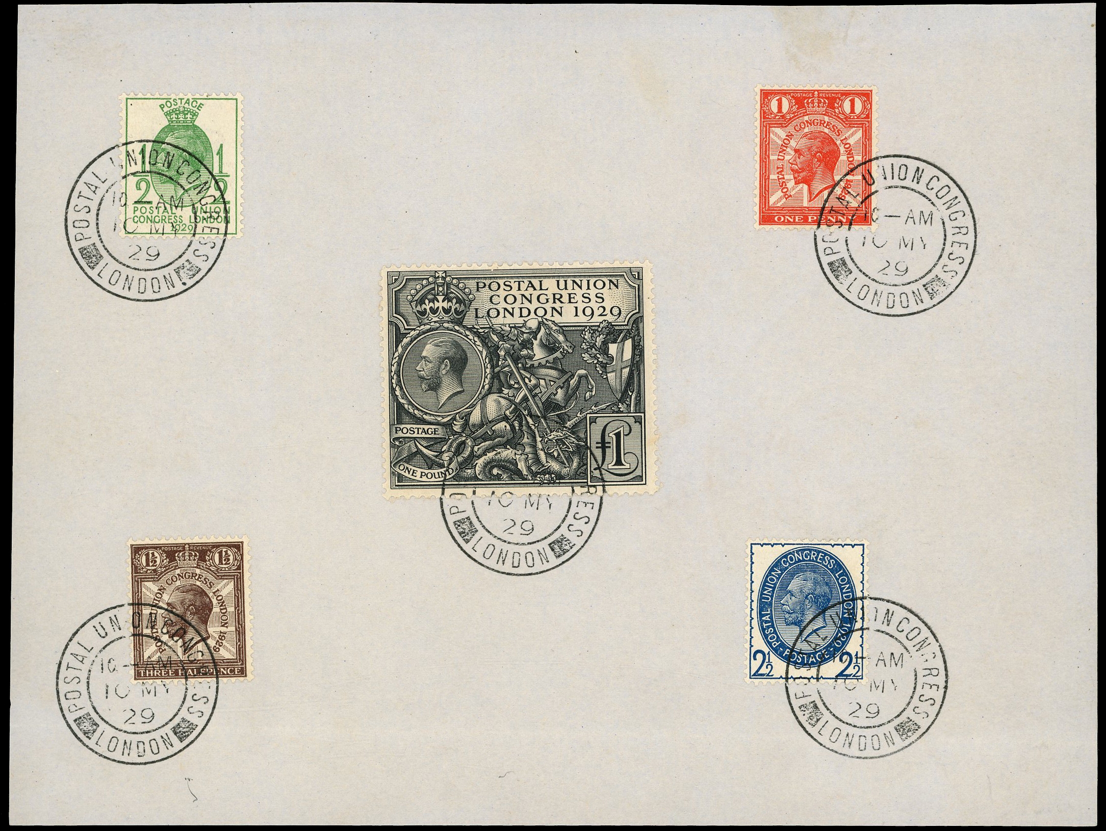 1929 PUC set of five to £1 all used on a large piece