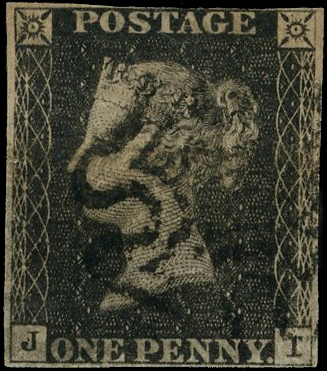 1840 1d black, plate 11 (JI) four margins, close at top, with large part black MC fine used