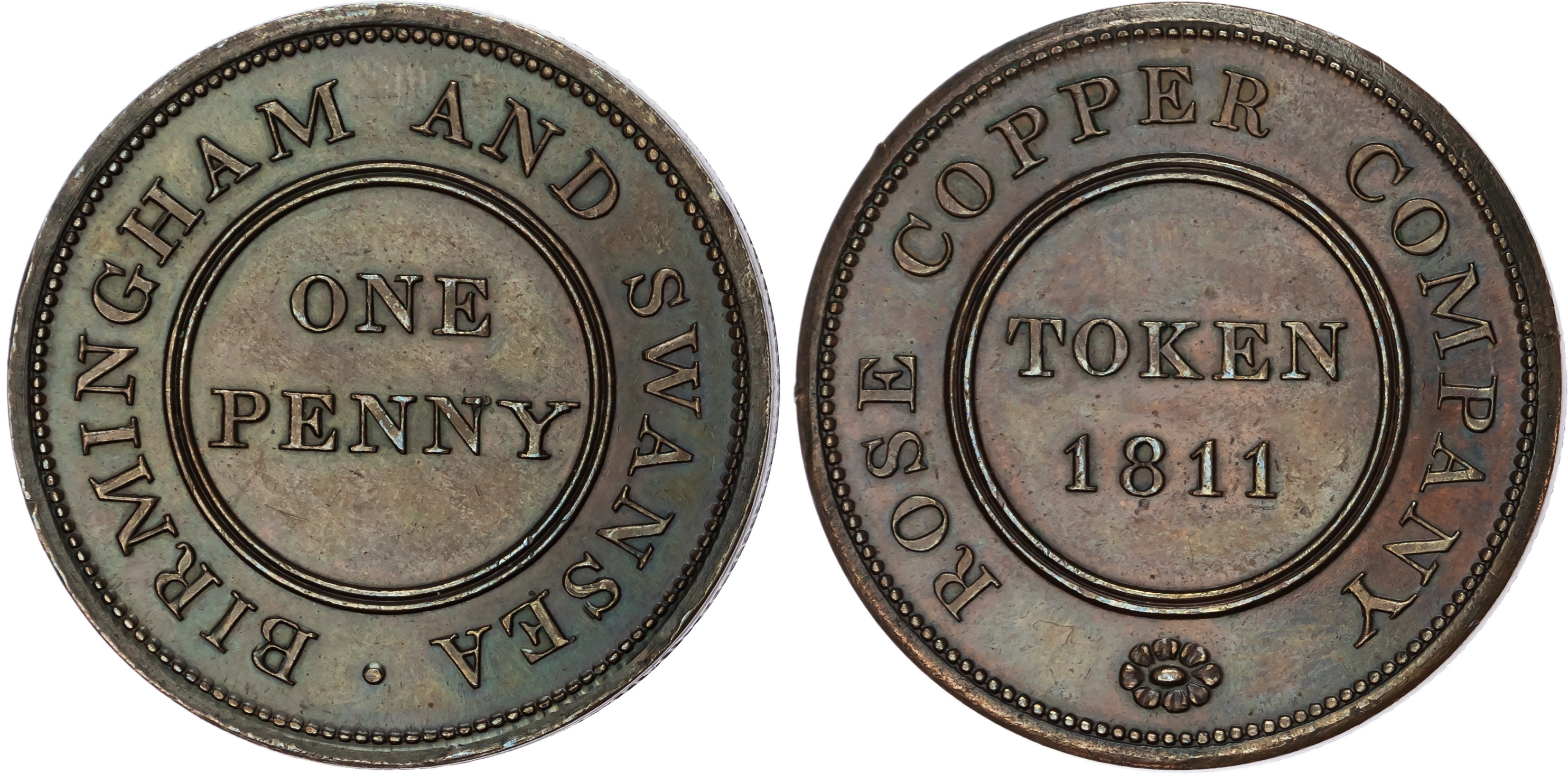BIRMINGHAM & SWANSEA, Warks. & Glams. Rose Copper Co. Another but minor spacing diffs. 36mm/28.55mm. (W 245; D…