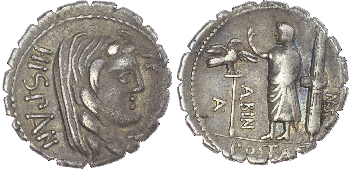A. Postumius A. f. Sp. N. Albinus (81 BC) AR Denarius Serratus, Rome, 3.88g. HISPAN, veiled head of Hispania facing right.