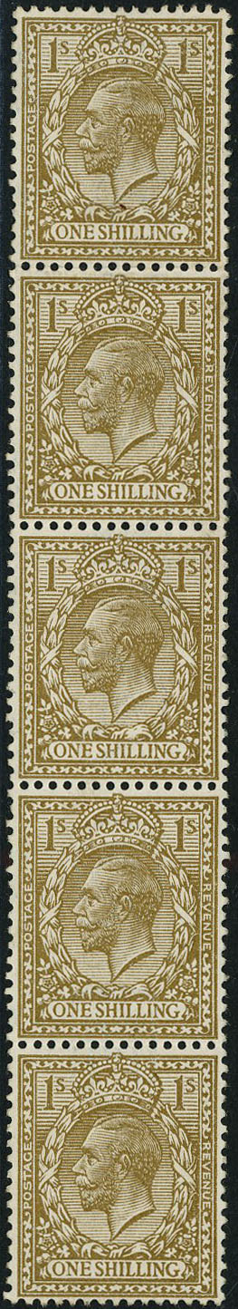 1912-24 1/- bistre vertical strip of five showing full POSTAGE WATERMARK