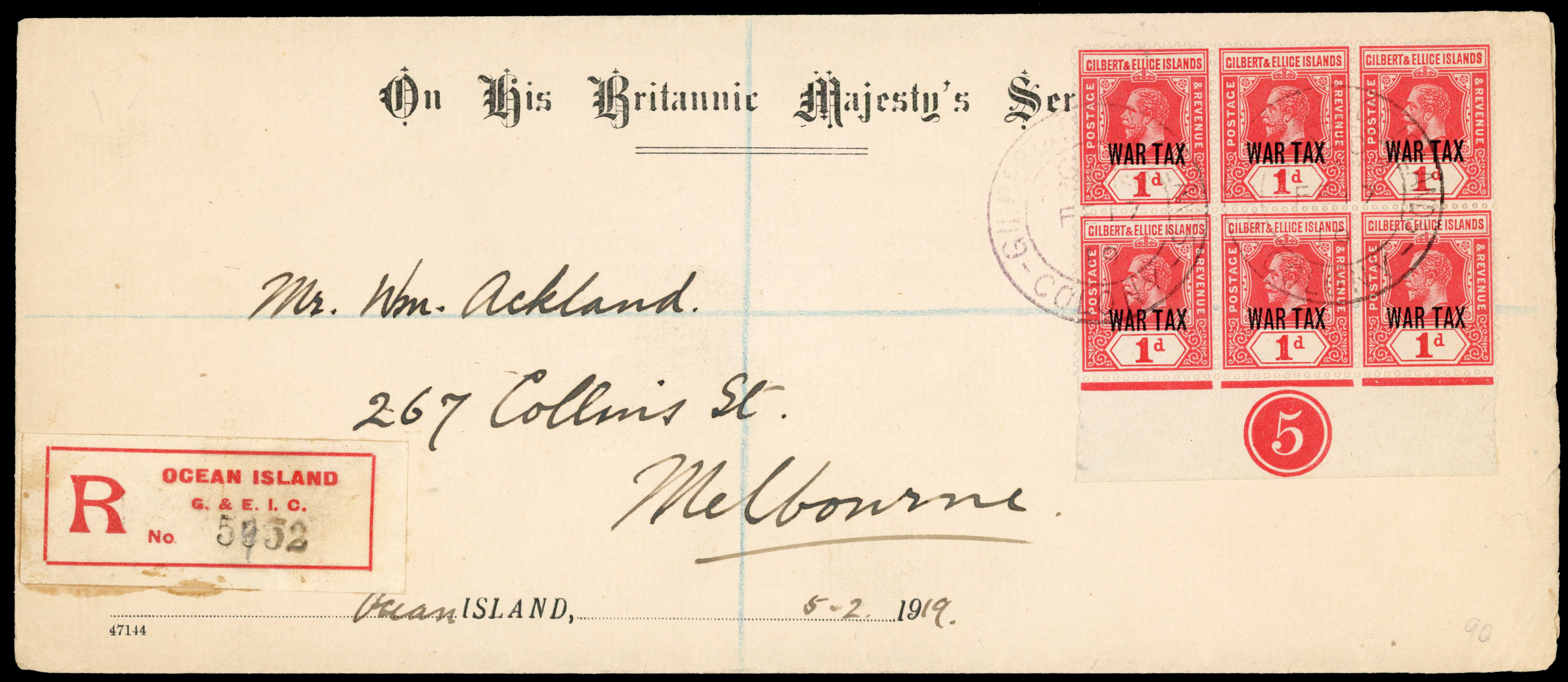 Gilbert and Ellice Islands cover with 1918 War Tax block of 6 with Plate number '5'