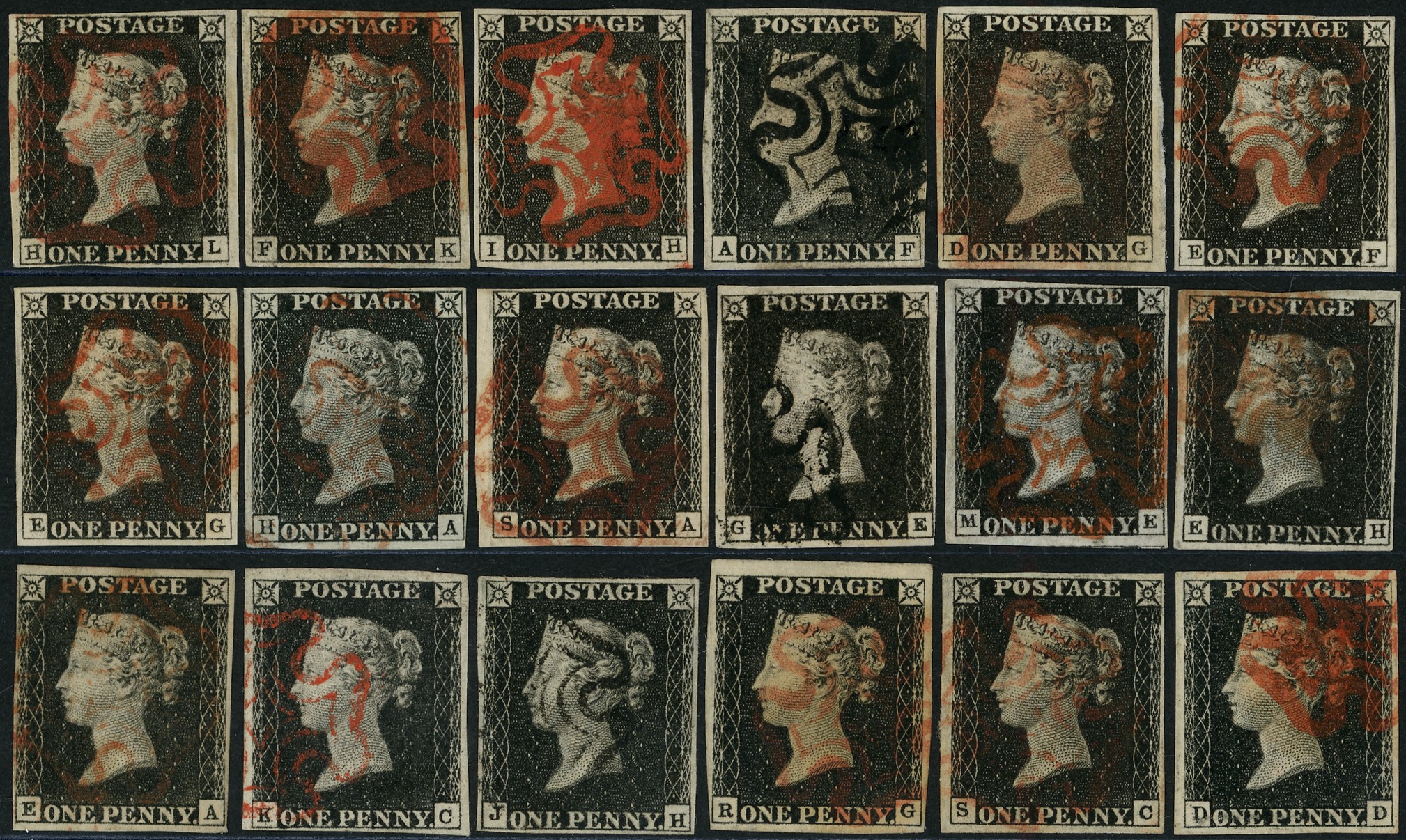 1840 1d black unplated range of...