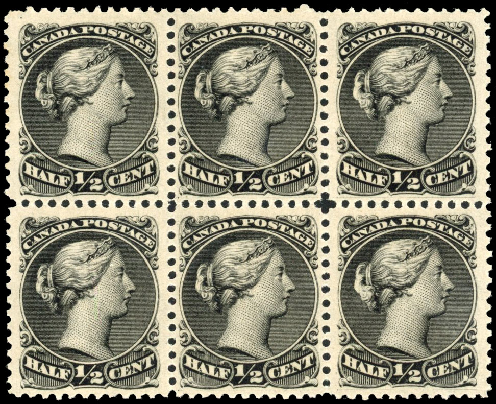 Canada SG 46 1868 ½c black block with varieties mint