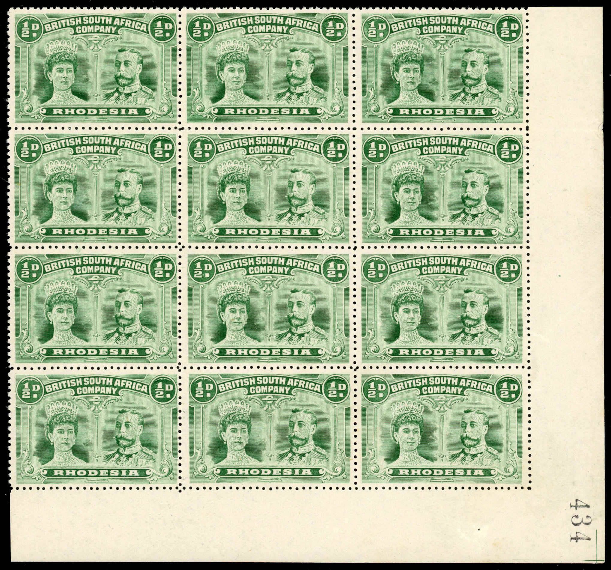 Rhodesia 1910-13 ½d dull blue-green perf 14 block of 12
