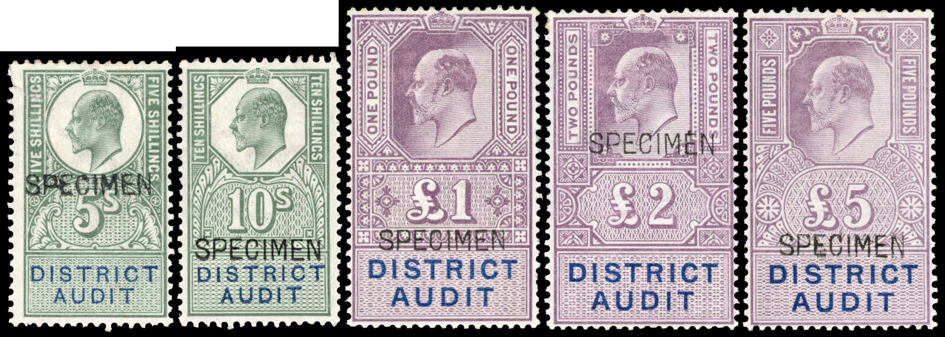 GB Great Britain District Audit KEVII revenue 5s to £5 complete Specimen set