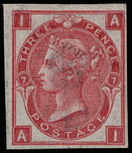 Great Britain 1871 3d Rose Pl.7. Very fine unused o.g. imperforate imprimatur lettered AI. Very rare, one of only …